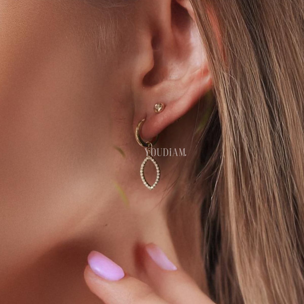 Petal Border Pave Lab Diamond Drop Hoops, Petal Shape Diamonds Earrings - EUDER08