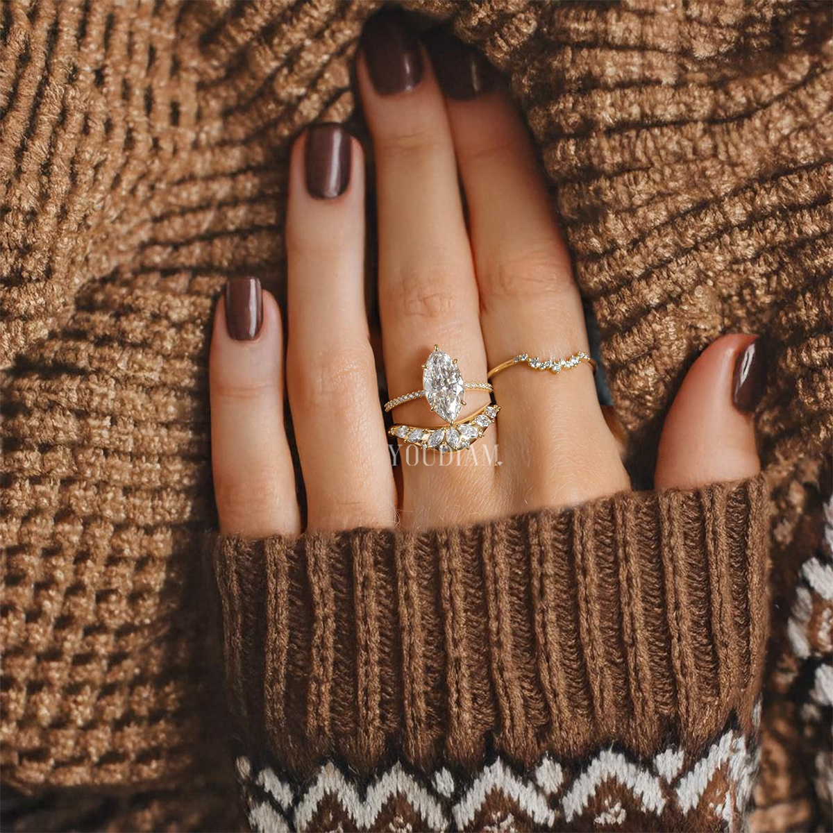 Stacking Band with Marquise Lab Diamonds, Curved Wedding Band - EUDJLR41