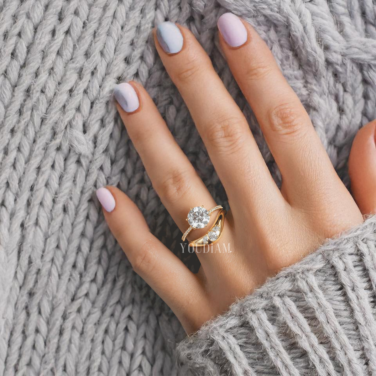 Stacking Band with Pear Lab Diamonds, Curved Wedding Band - EUDJLR42