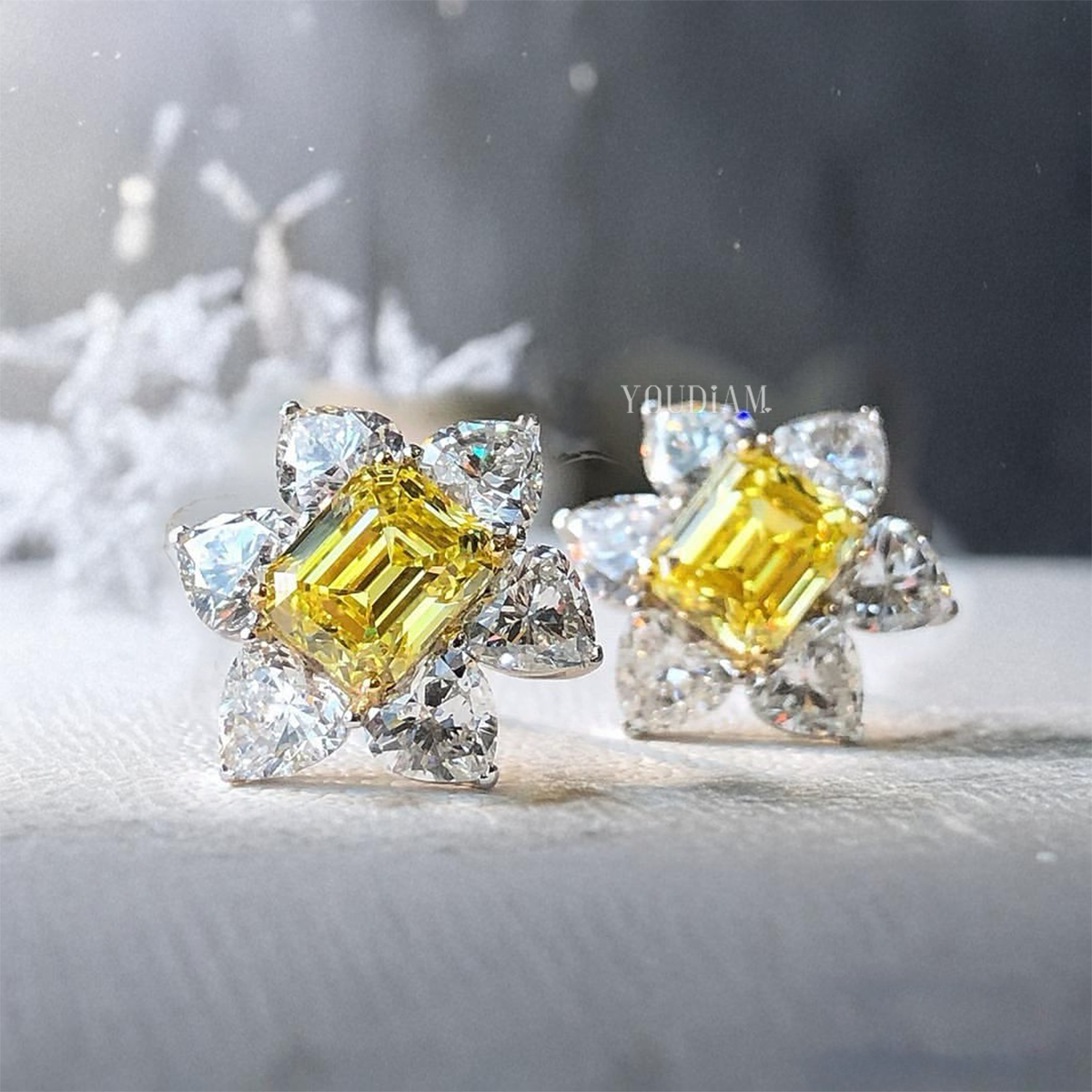 Sunflower Earrings with Yellow Emerald and White Heart Lab Diamonds, Heart Cut Earrings - EUDER04