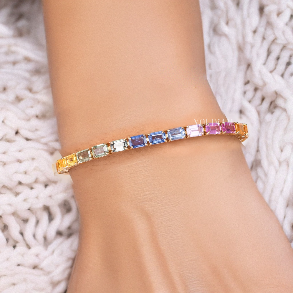 18ct Tennis Bracelet with Bright Rainbow Sapphires in Emerald Cut - EUDBL02