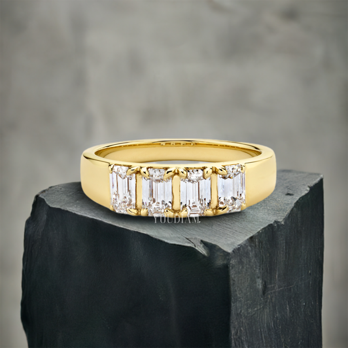 Tetrad Emerald Ring, Four Emerald Cut Lab Diamonds Band