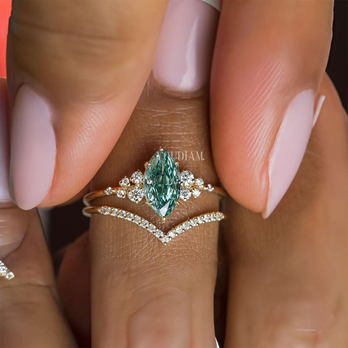 1ct Marquise Blue-Green Lab Diamond Ring with Accented Diamonds - EUDJLR49