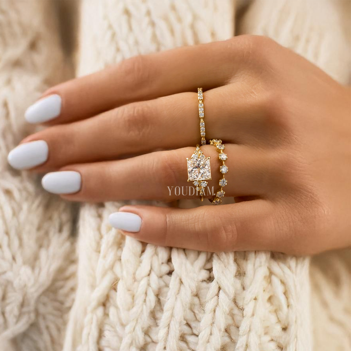 2ct Princess Cut Diamond Ring With 10 Accented Diamonds - EUDJLR45