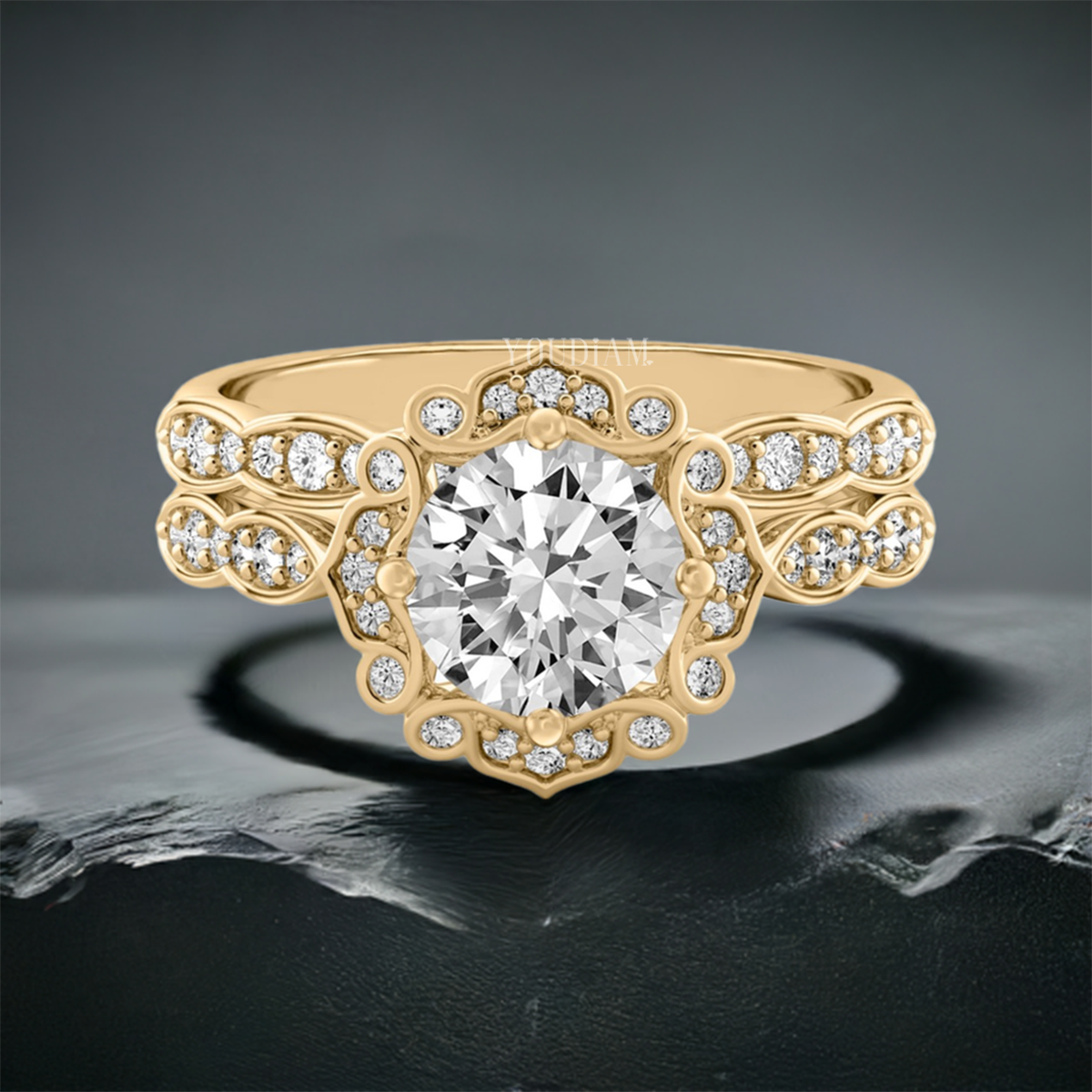 Floral Engagement Ring with Ornately Designed Halo, Floral Lab Diamond Ring - EUDJLR51