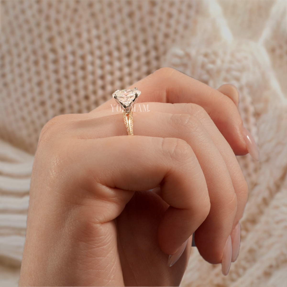 Petite Twist Lab Diamond Ring with Split-Shank Knife Edge and Pave Diamonds - EUDJLR50