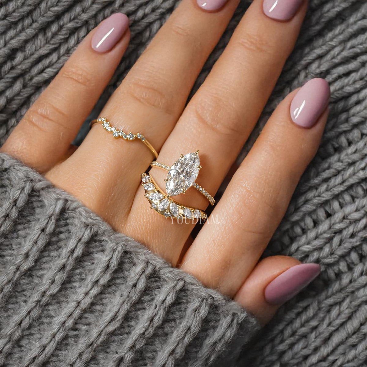 Stacking Band with Marquise Lab Diamonds, Curved Wedding Band - EUDJLR41
