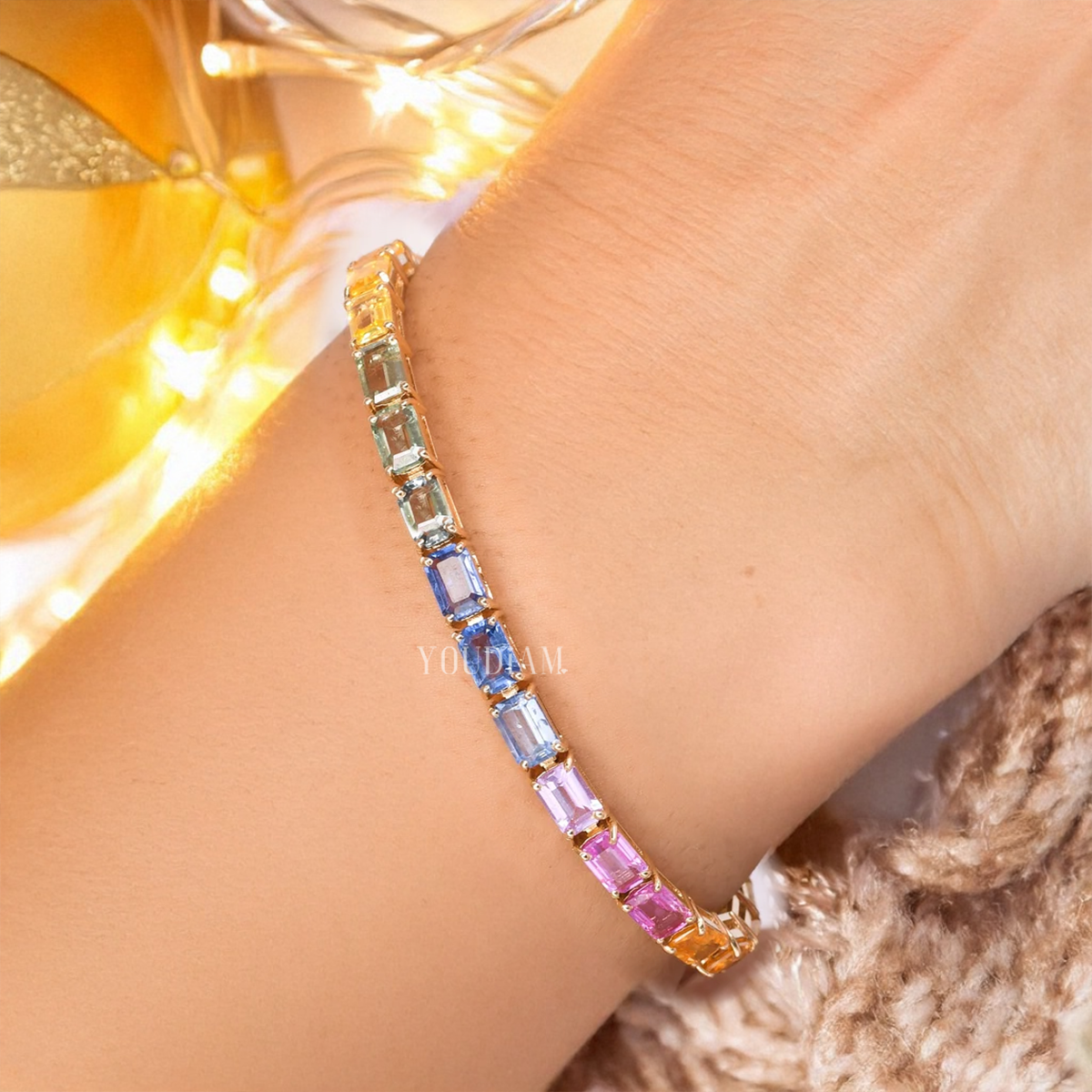 18ct Tennis Bracelet with Bright Rainbow Sapphires in Emerald Cut - EUDBL02