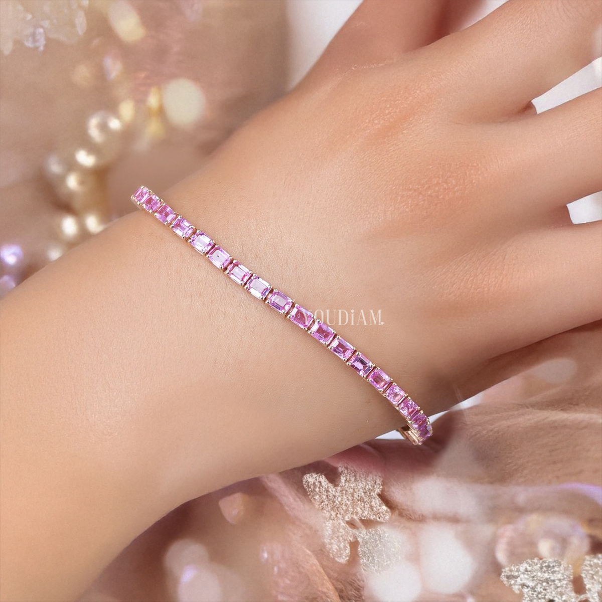 11ct Tennis Bracelet with Pink Sapphires in Emerald Cut - EUDBL03