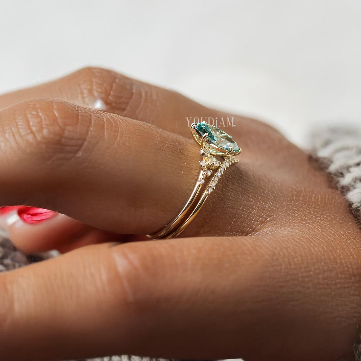 1ct Marquise Blue-Green Lab Diamond Ring with Accented Diamonds - EUDJLR49
