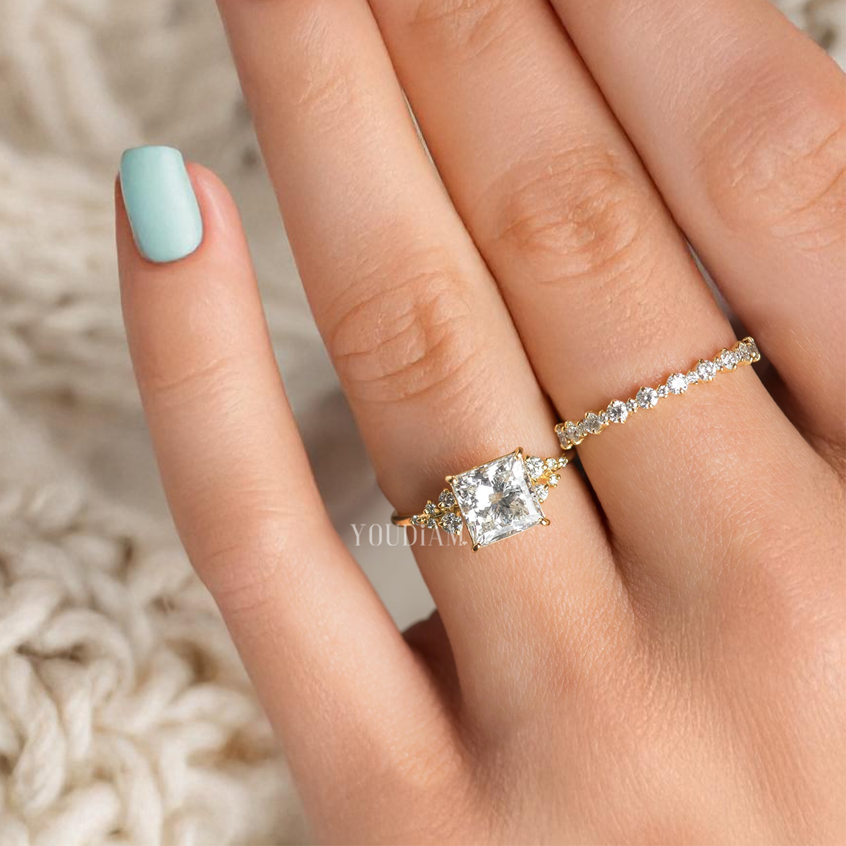 2ct Princess Cut Diamond Ring With 10 Accented Diamonds - EUDJLR45