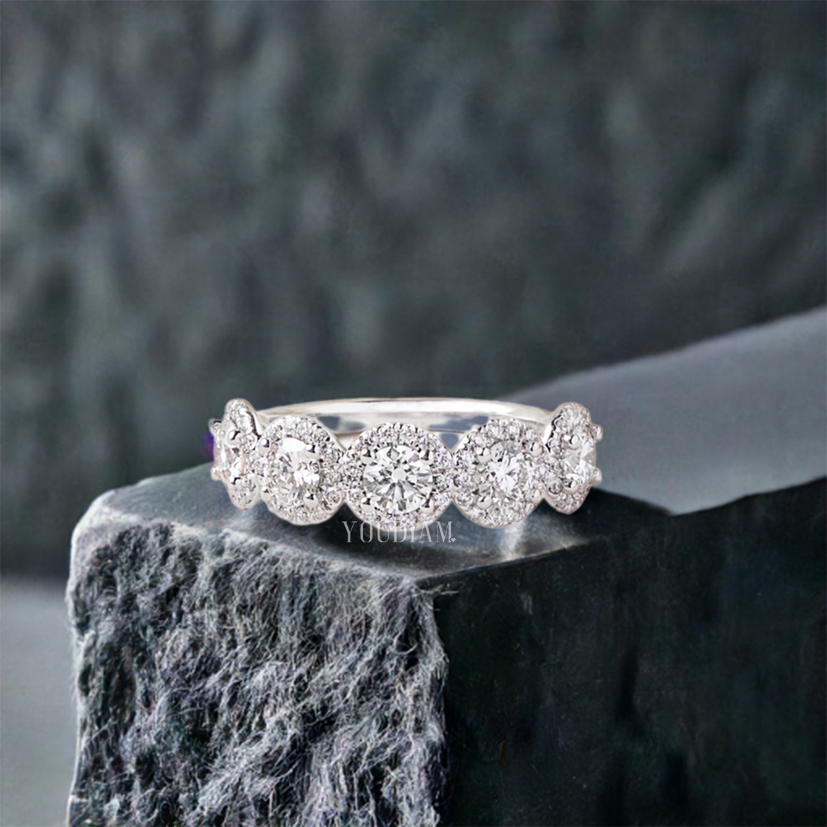 Five Round Lab Diamonds with Five Halo Band, Five Stones Band, Half Eternity Band - EUDJLR44