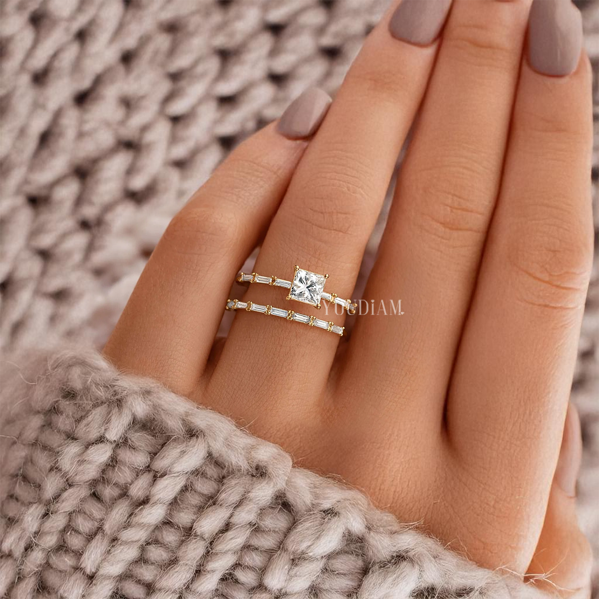 Princess Cut Lab Diamond Ring With 6 Baguette Diamonds - EUDJLR46