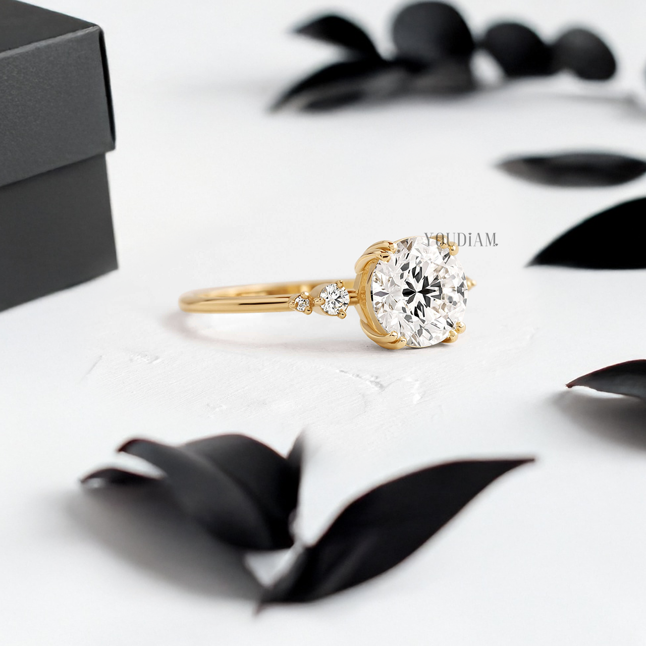 Round Lab Diamond with Double-Prongs and Side Diamonds Ring - YDJLR68