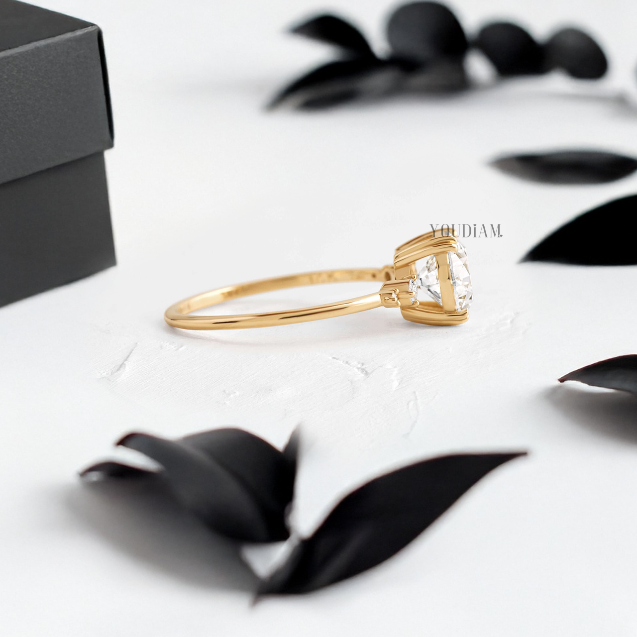 Round Lab Diamond with Double-Prongs and Side Diamonds Ring - YDJLR68