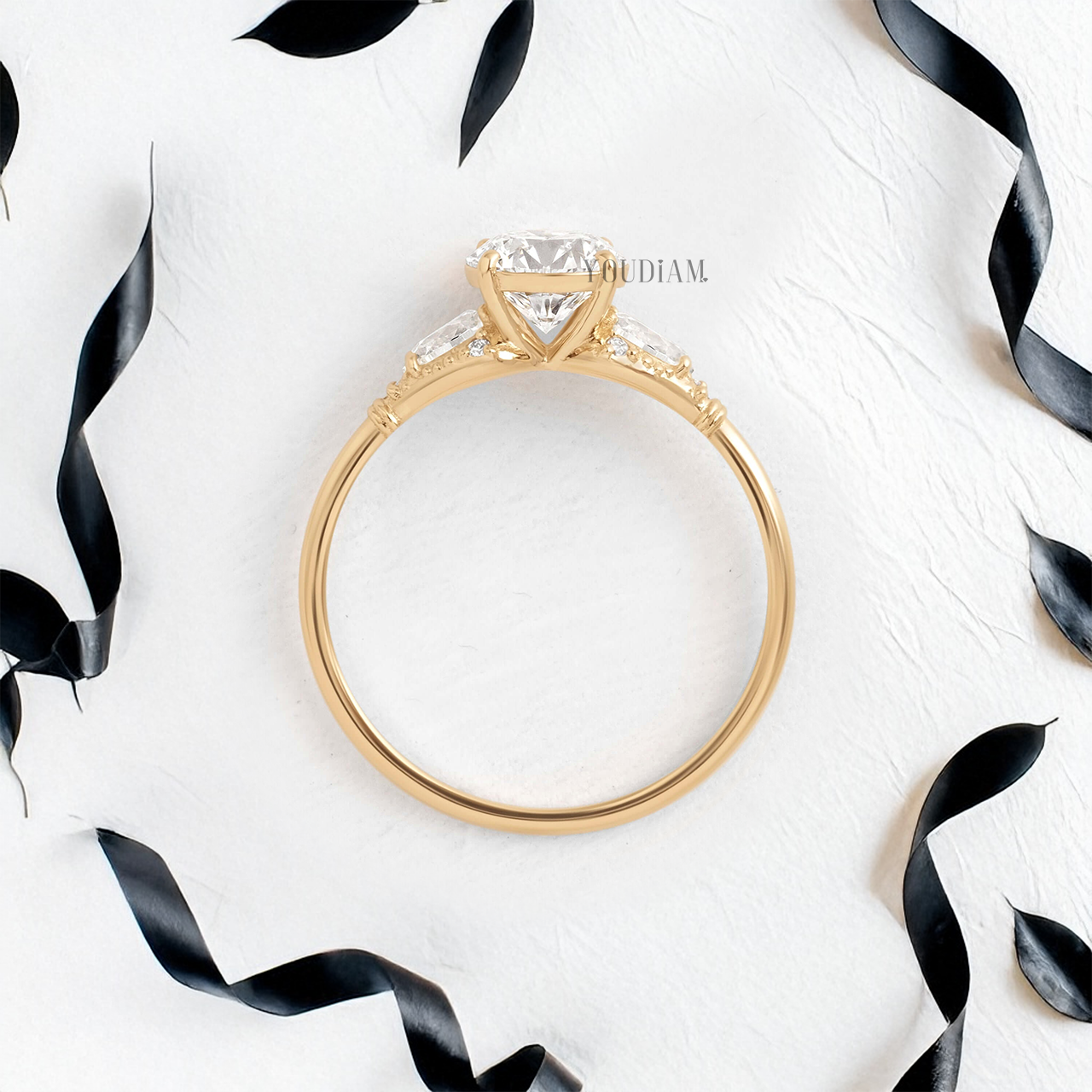 Round Lab Diamond and Two Side Pear Diamonds Ring - YDJLR58