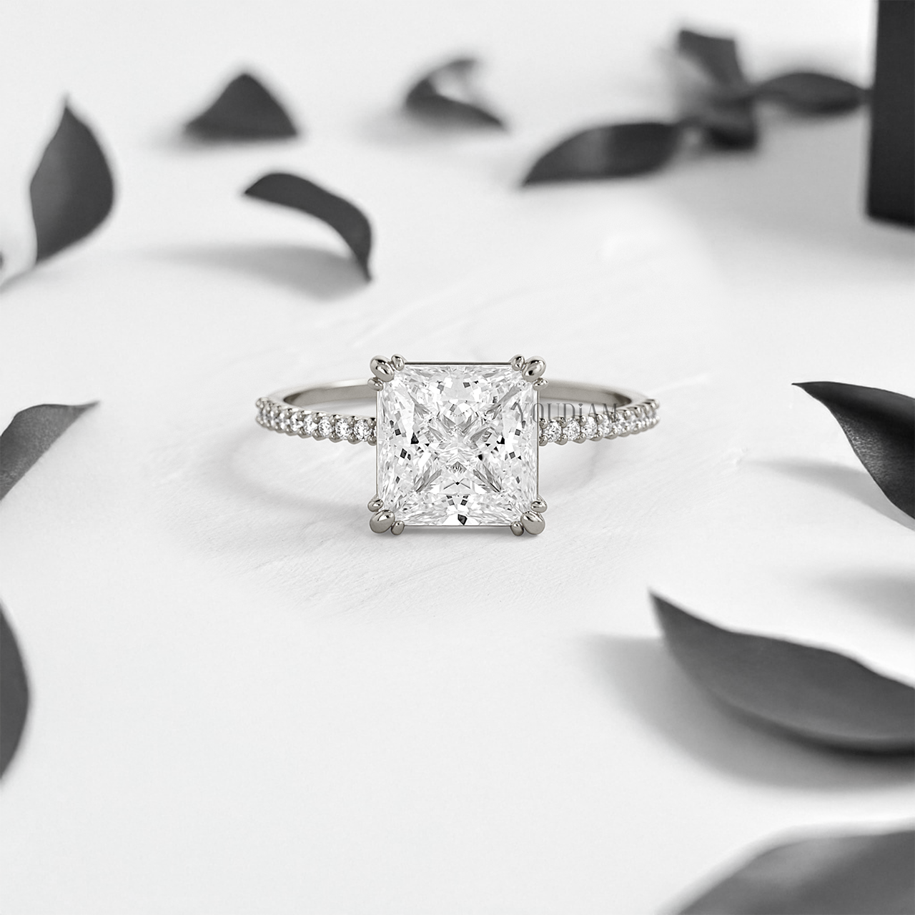 Princess Lab Diamond in Four Double-Prongs with Pave Band Ring - YDJLR44