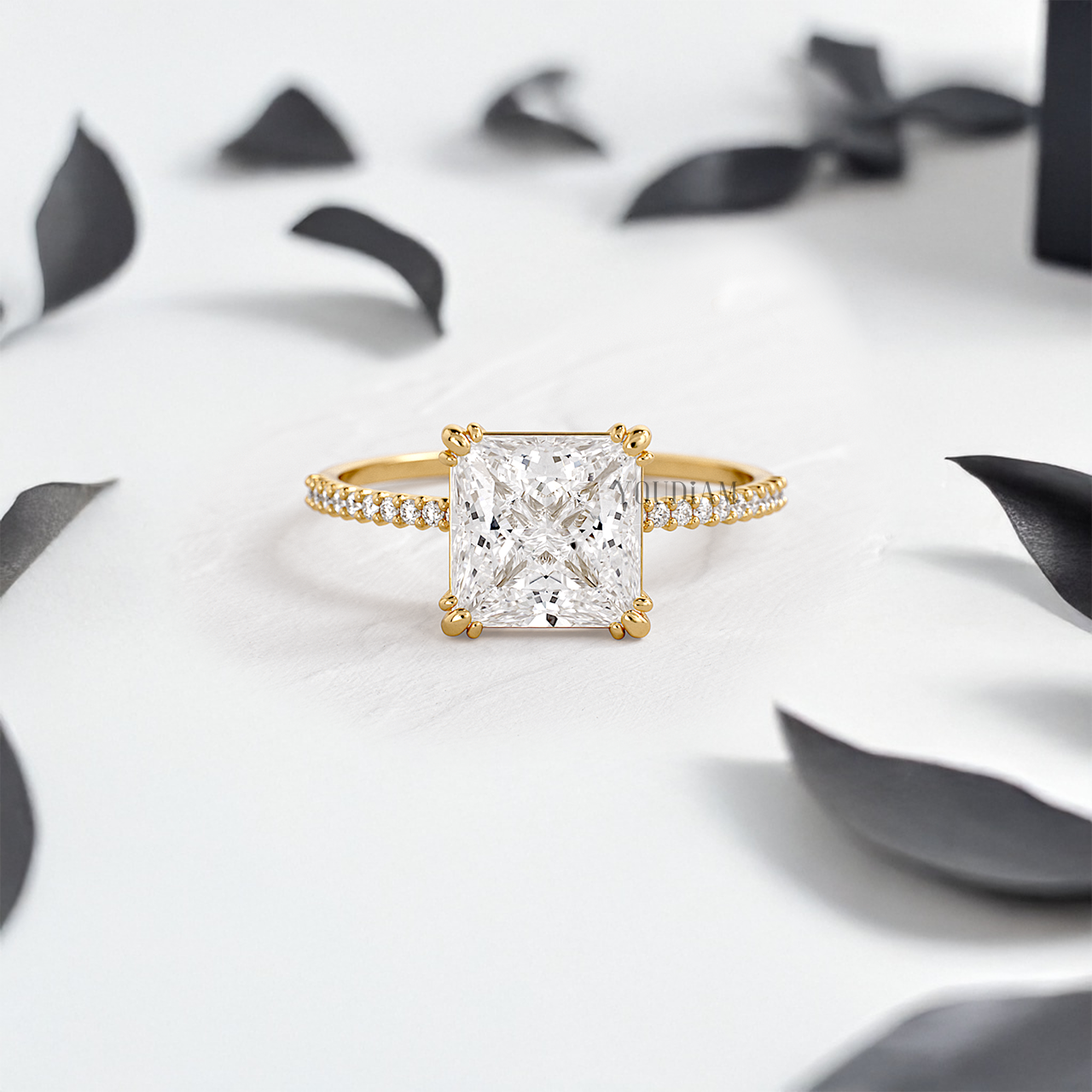 Princess Lab Diamond in Four Double-Prongs with Pave Band Ring - YDJLR44