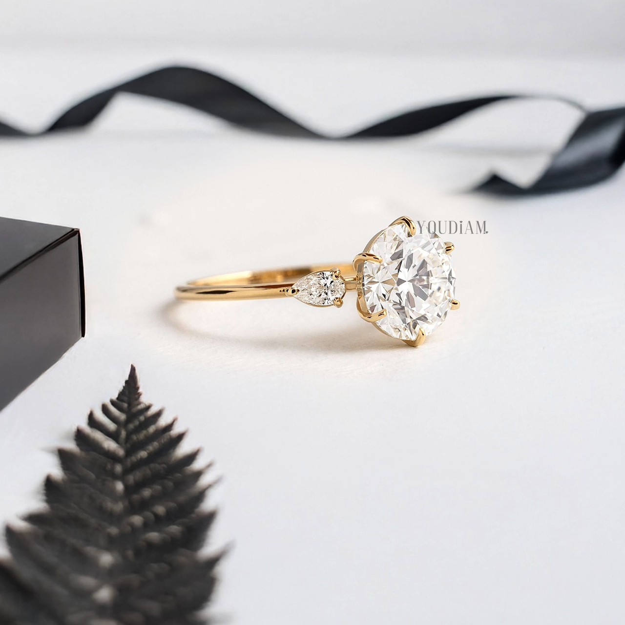 Round Lab Diamond in Six Prongs and Two Side Stones Ring - YDJLR55