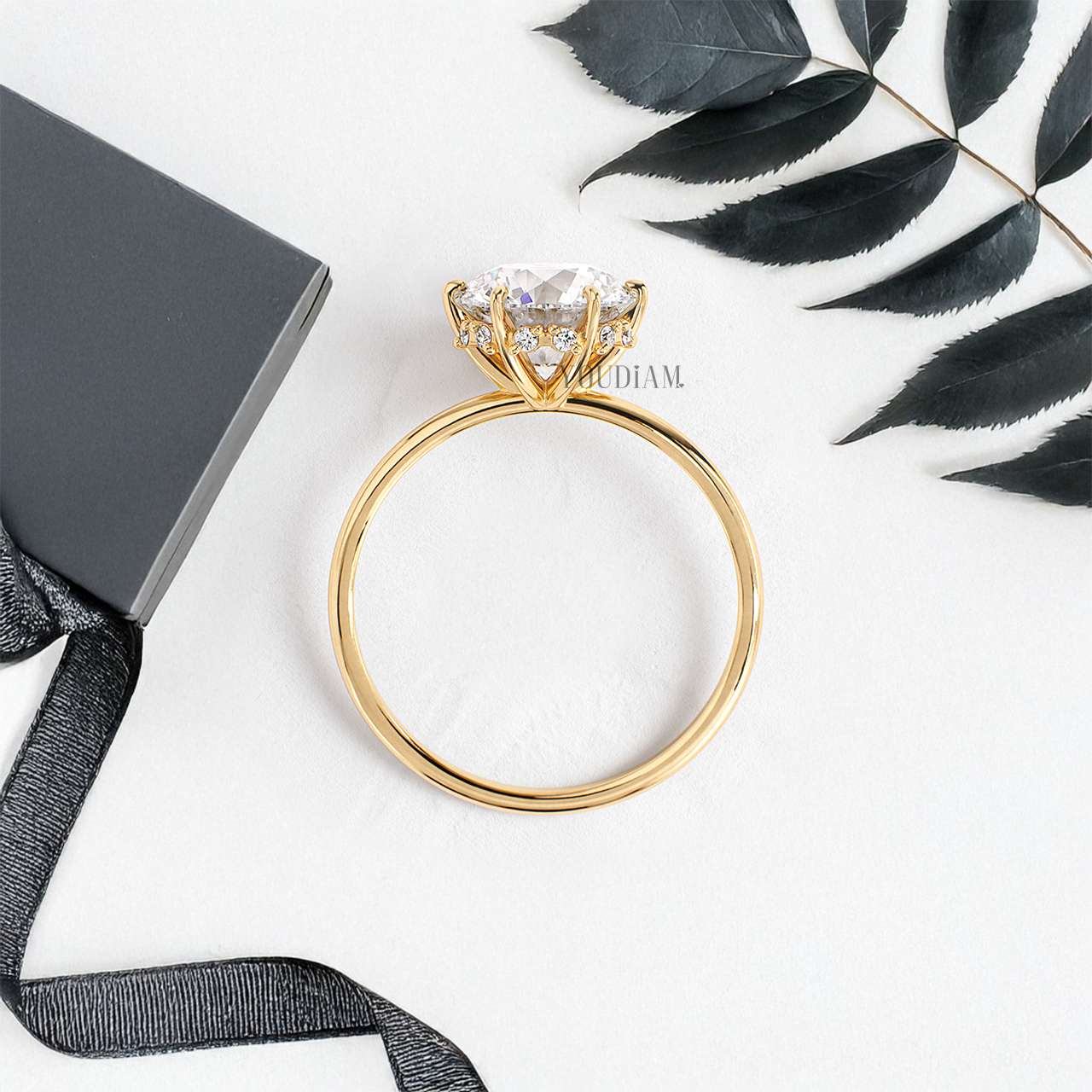 Round Lab Diamond in Six Prongs with Hidden Halo Ring - YDJLR08