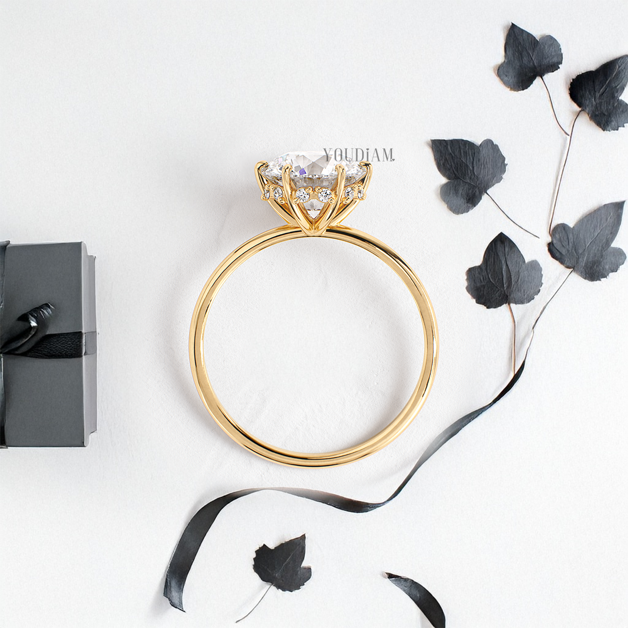 Round Lab Diamond in Six Prongs with Hidden Halo Ring - YDJLR08