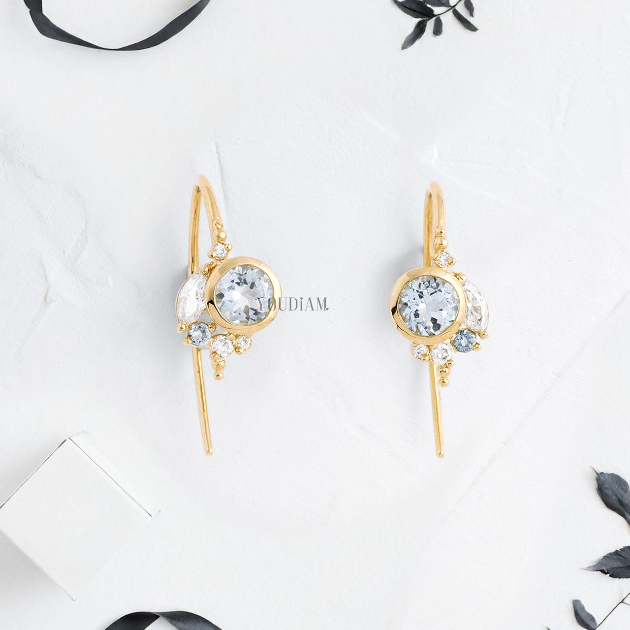Aquamarines with Lab Diamonds Threader Earrings with Hooks - YDJLE62