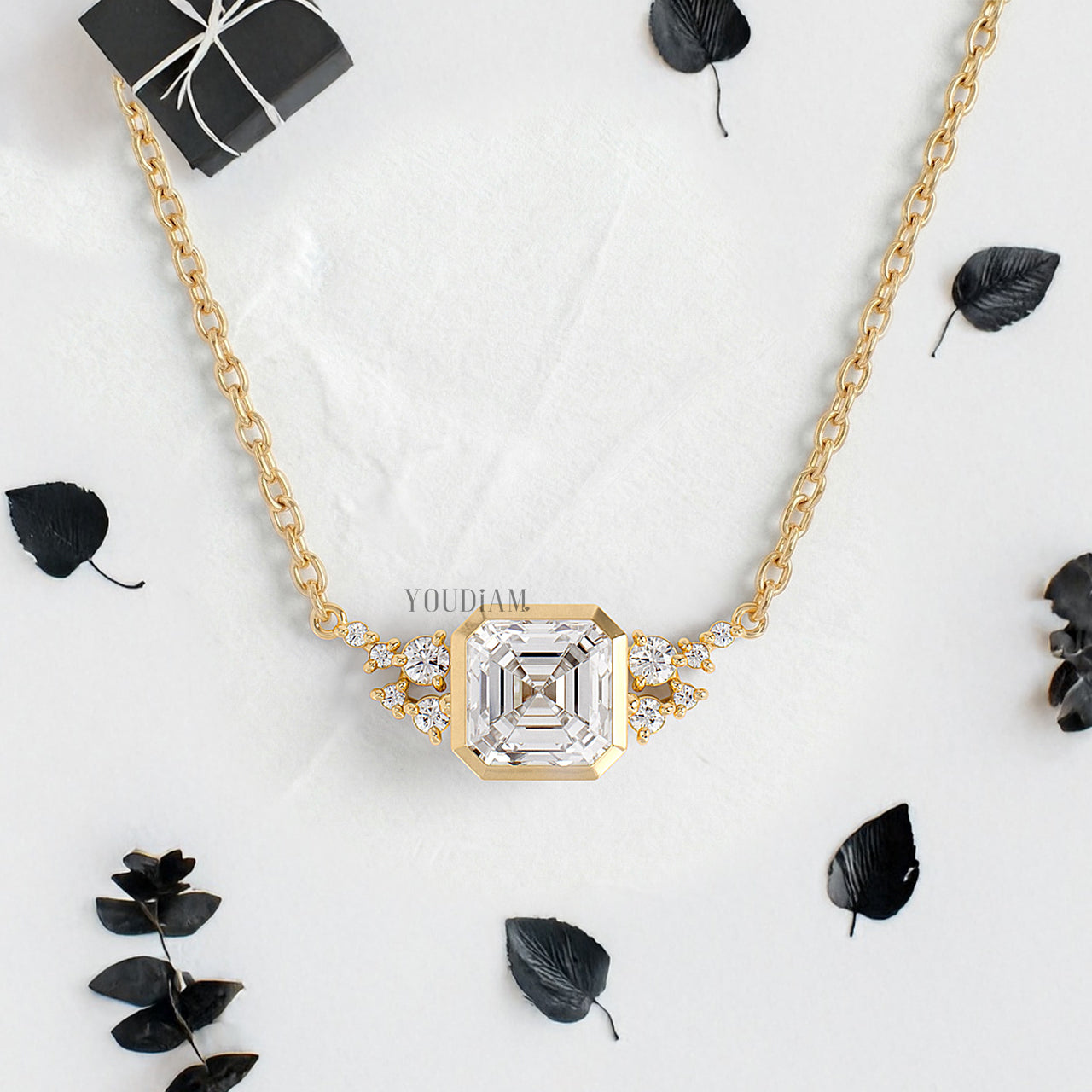 Asscher Lab Diamond Pendant in Bezel Setting with Accent Diamonds and Anchor Chain - YDJLP39