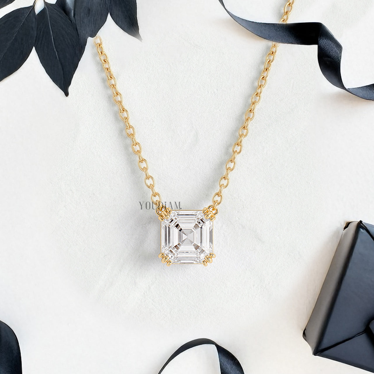 Asscher Lab Diamond Solitaire Pendant in Trio Prongs and Anchor Chain - YDJLP52