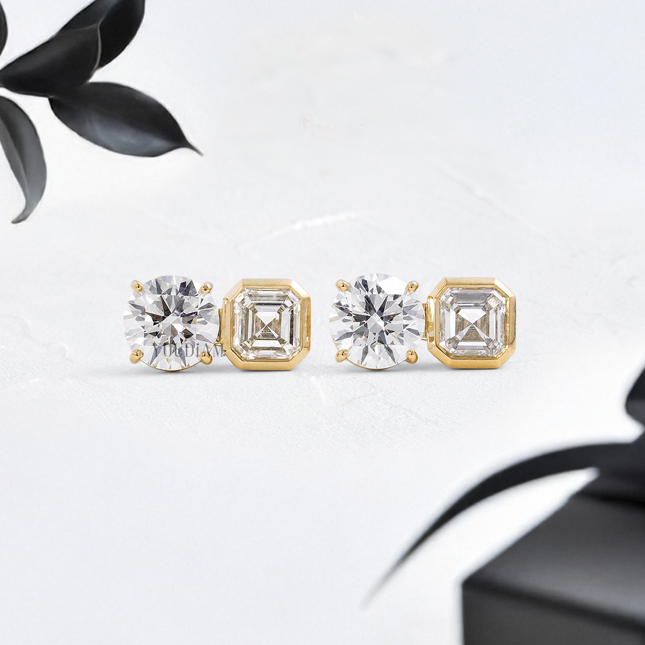 Asscher in Bezel and Round in Prongs Lab Diamonds Stud Earrings - YDJLE34