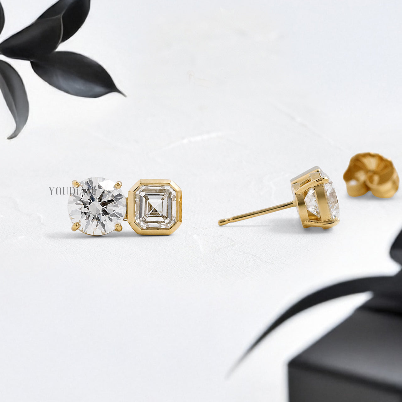 Asscher in Bezel and Round in Prongs Lab Diamonds Stud Earrings - YDJLE34