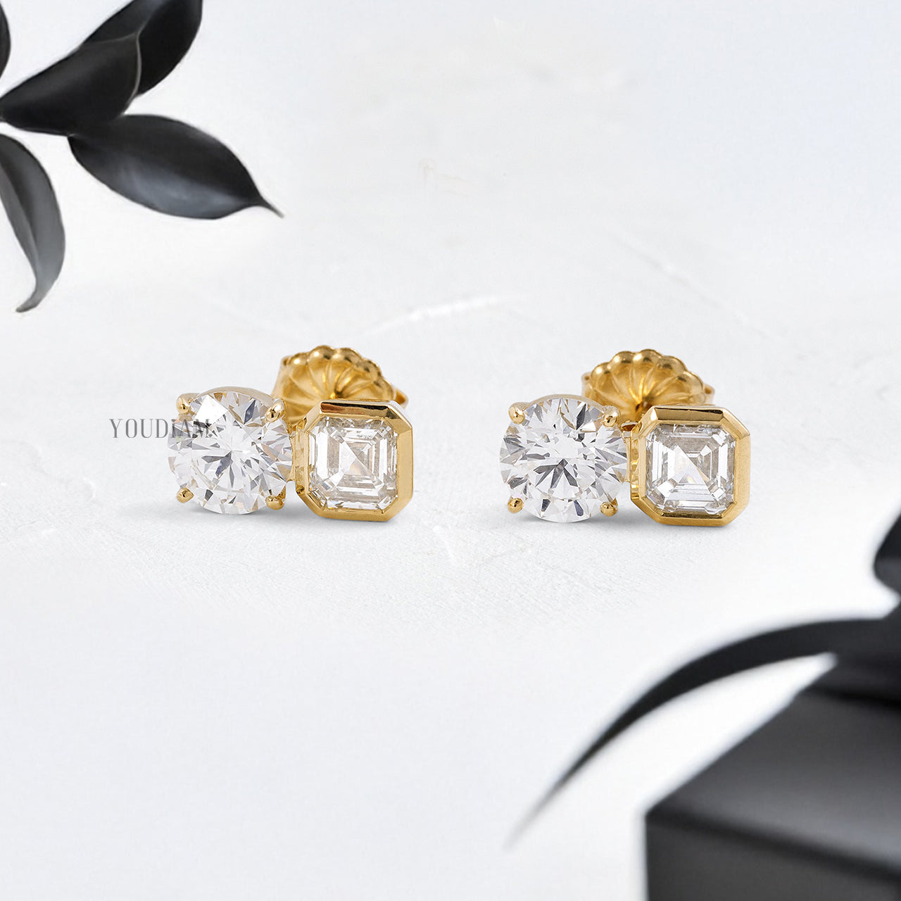 Asscher in Bezel and Round in Prongs Lab Diamonds Stud Earrings - YDJLE34