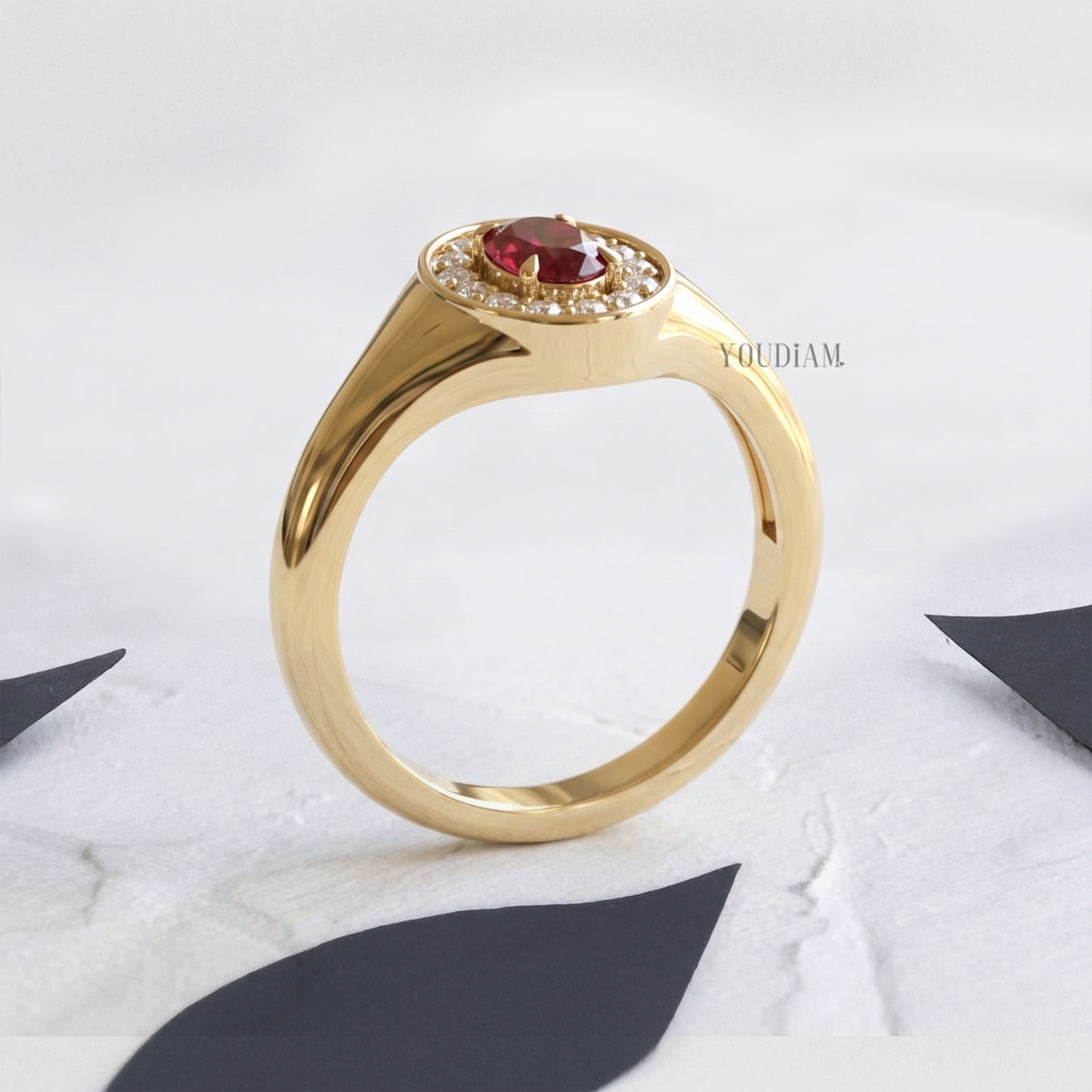 Blood Red Ruby with Halo Diamonds in Bezel Setting Ring - YDCJR05