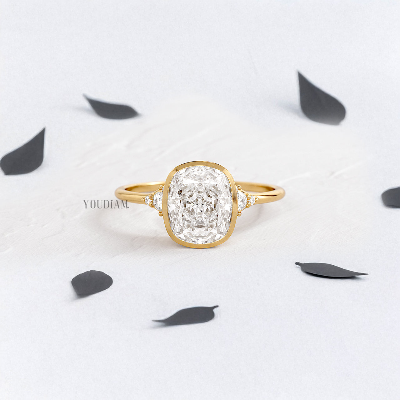 Cushion Lab Diamond in Bezel Setting with Accented Diamonds on Band Ring - YDJLR198