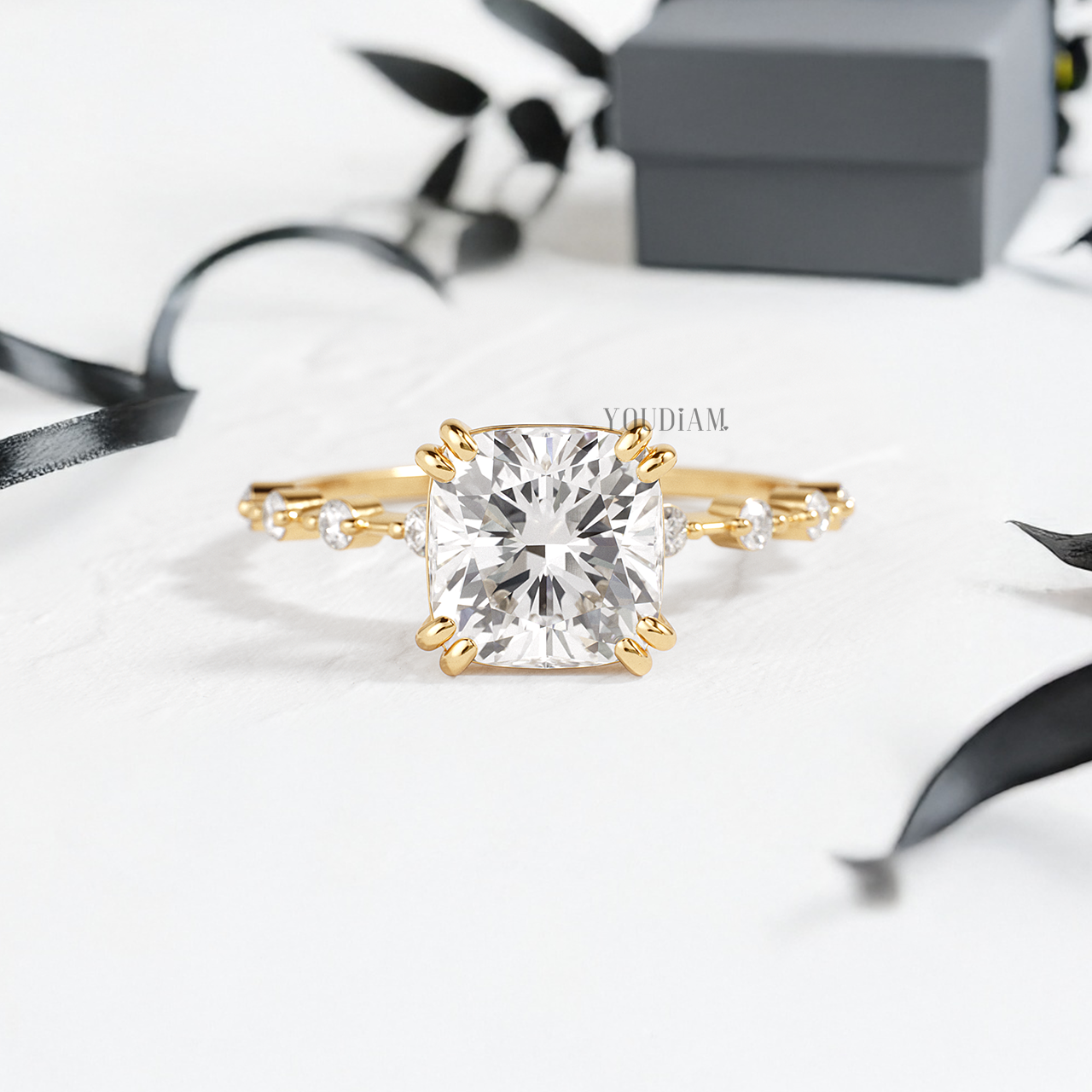 Cushion Lab Diamond in Double-Prongs and Distance Diamonds on Band Ring - YDJLR150