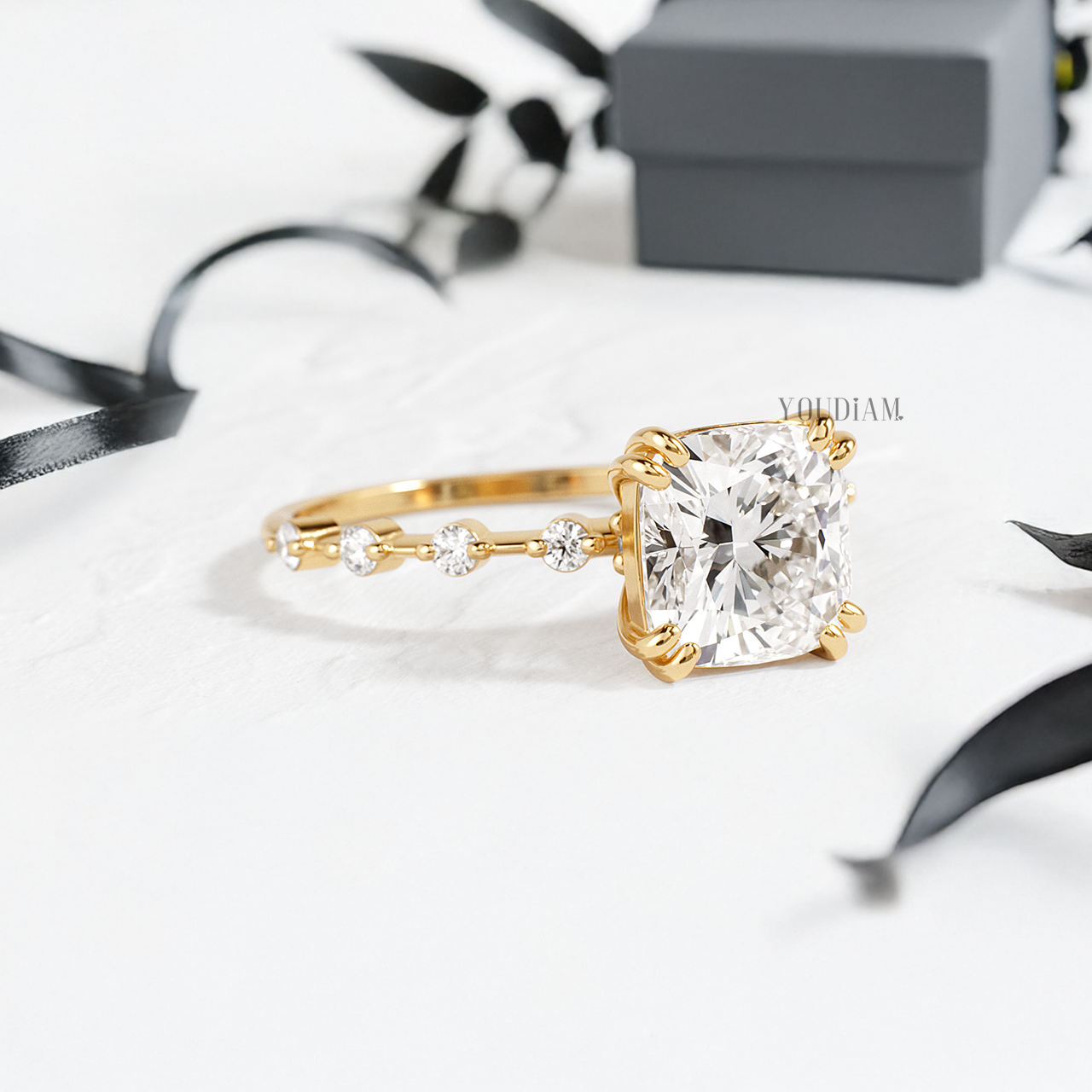Cushion Lab Diamond in Double-Prongs and Distance Diamonds on Band Ring - YDJLR150