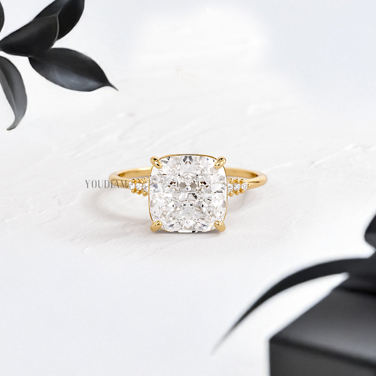 Cushion Lab Diamond in Six Prongs with Six Accented Diamond Ring - YDJLR200