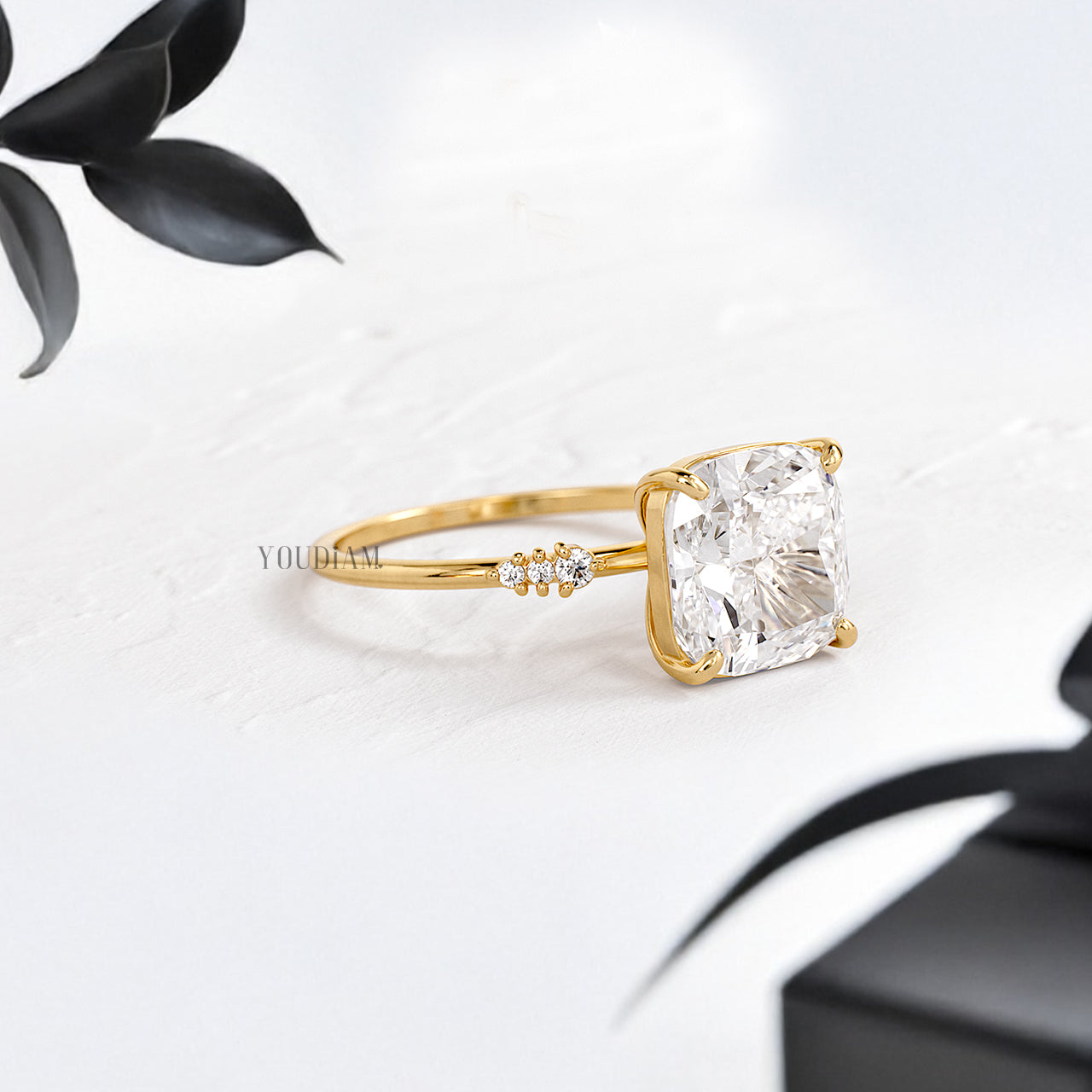 Cushion Lab Diamond in Six Prongs with Six Accented Diamond Ring - YDJLR200