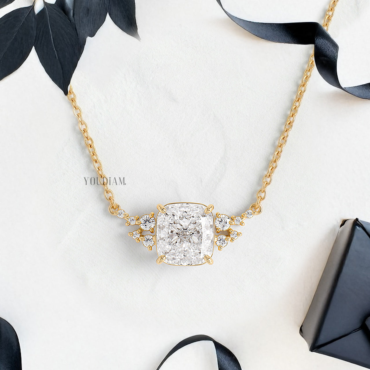 Cushion Lab Diamond Pendant with Accent Diamonds and Anchor Chain - YDJLP31