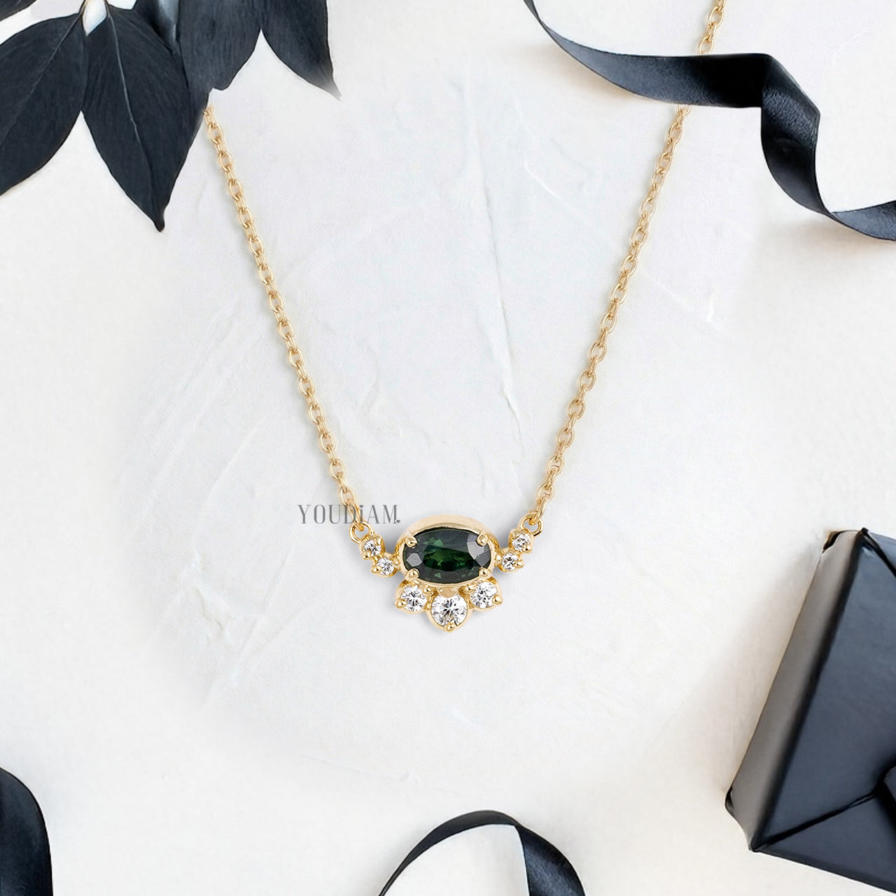 Dark Green Oval Cut Sapphire Pendant with Accented Lab Diamonds and Anchor Chain - YDJLP68