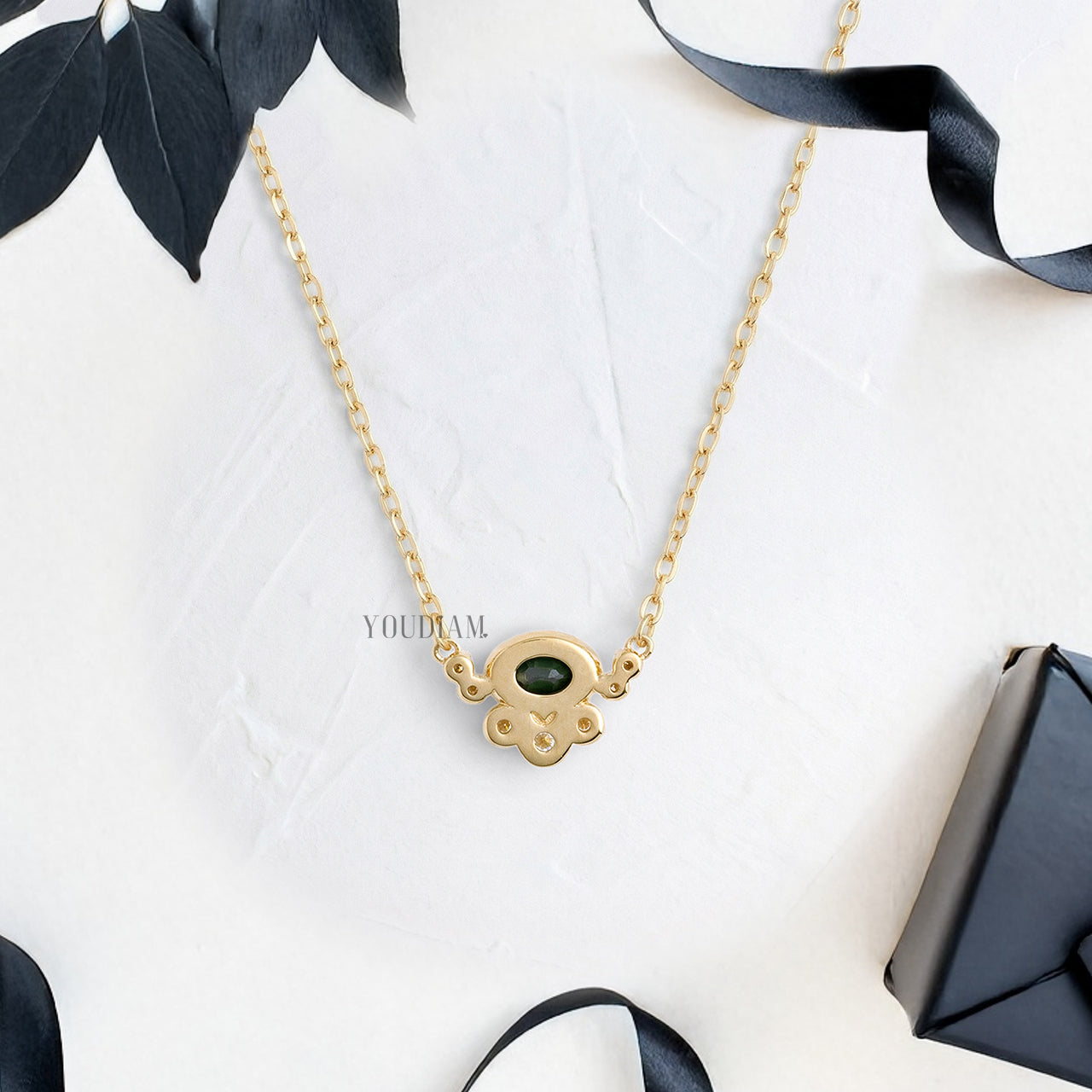 Dark Green Oval Cut Sapphire Pendant with Accented Lab Diamonds and Anchor Chain - YDJLP68