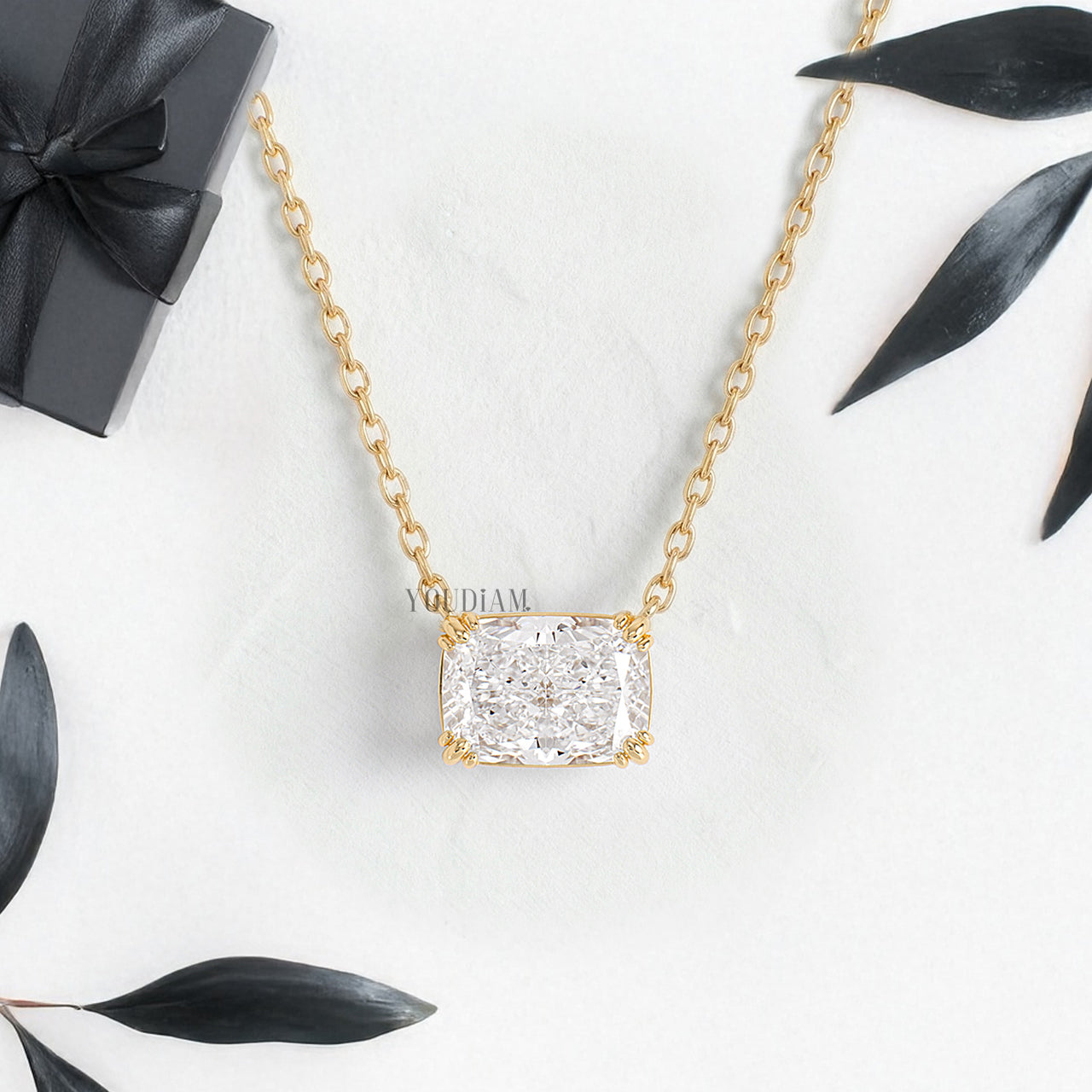Elongated Cushion Lab Diamond Solitaire Pendant in Trio Prongs and Anchor Chain - YDJLP54