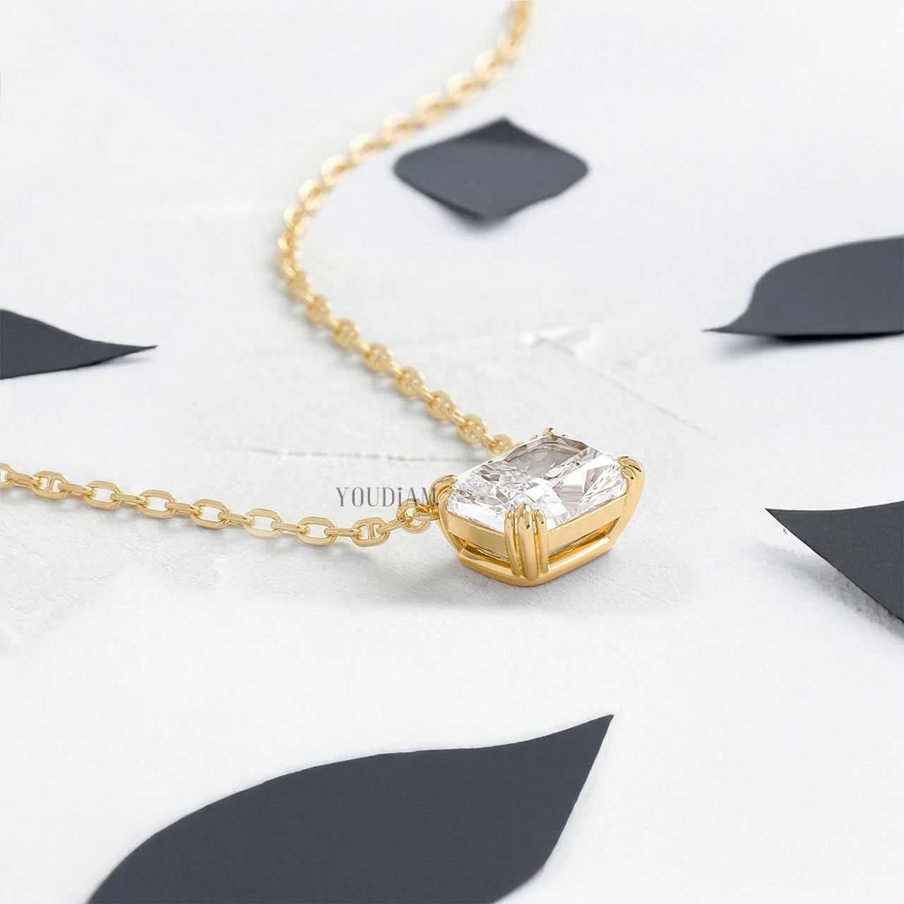Elongated Cushion Lab Diamond Solitaire Pendant in Trio Prongs and Anchor Chain - YDJLP54