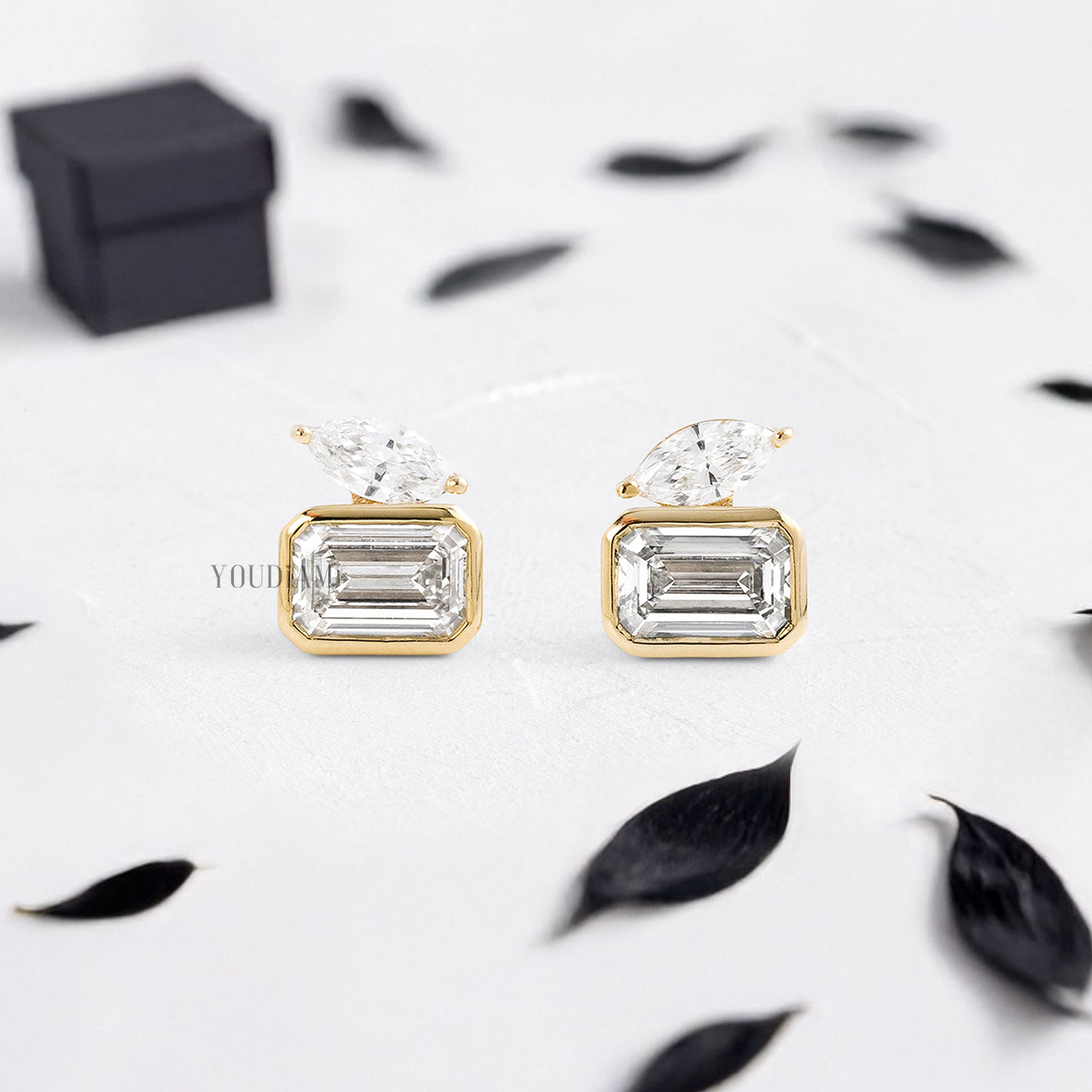 Emerald Cut Lab Diamond Bezel Studs with Accented Marquise Diamond - YDJLE63