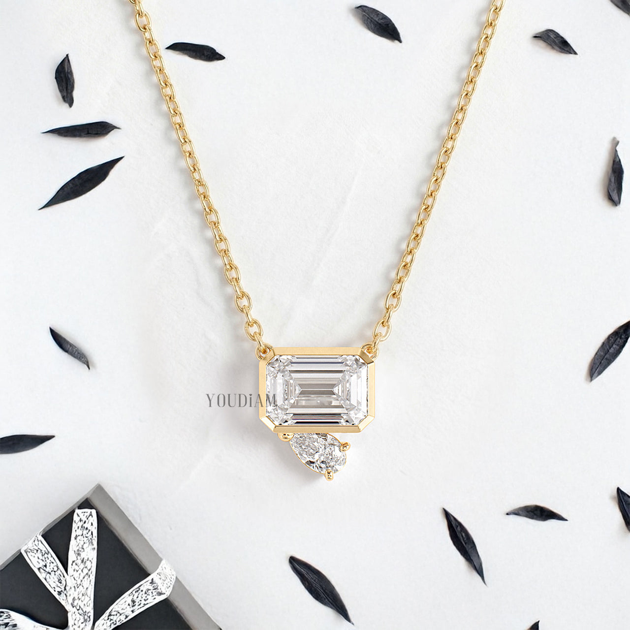 Emerald Cut Lab Diamond Pendant Accented by Pear Cut Lab Diamond and Anchor Chain - YDJLP23