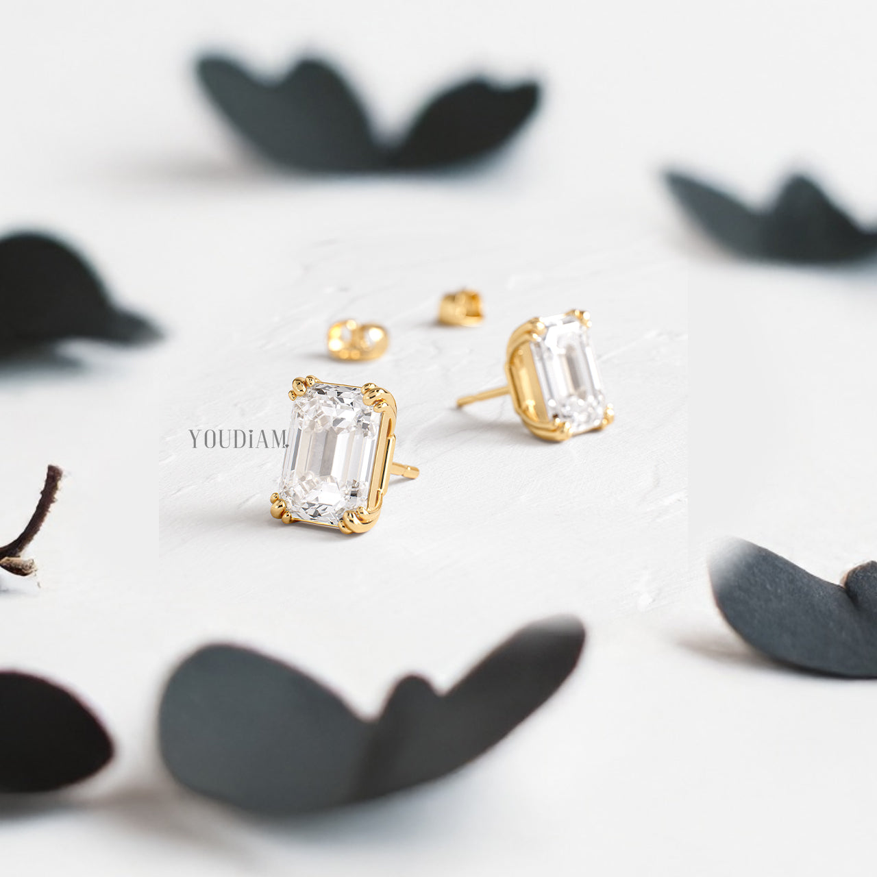 Emerald Lab Diamond Studs in Trio-Prongs - YDJLE26