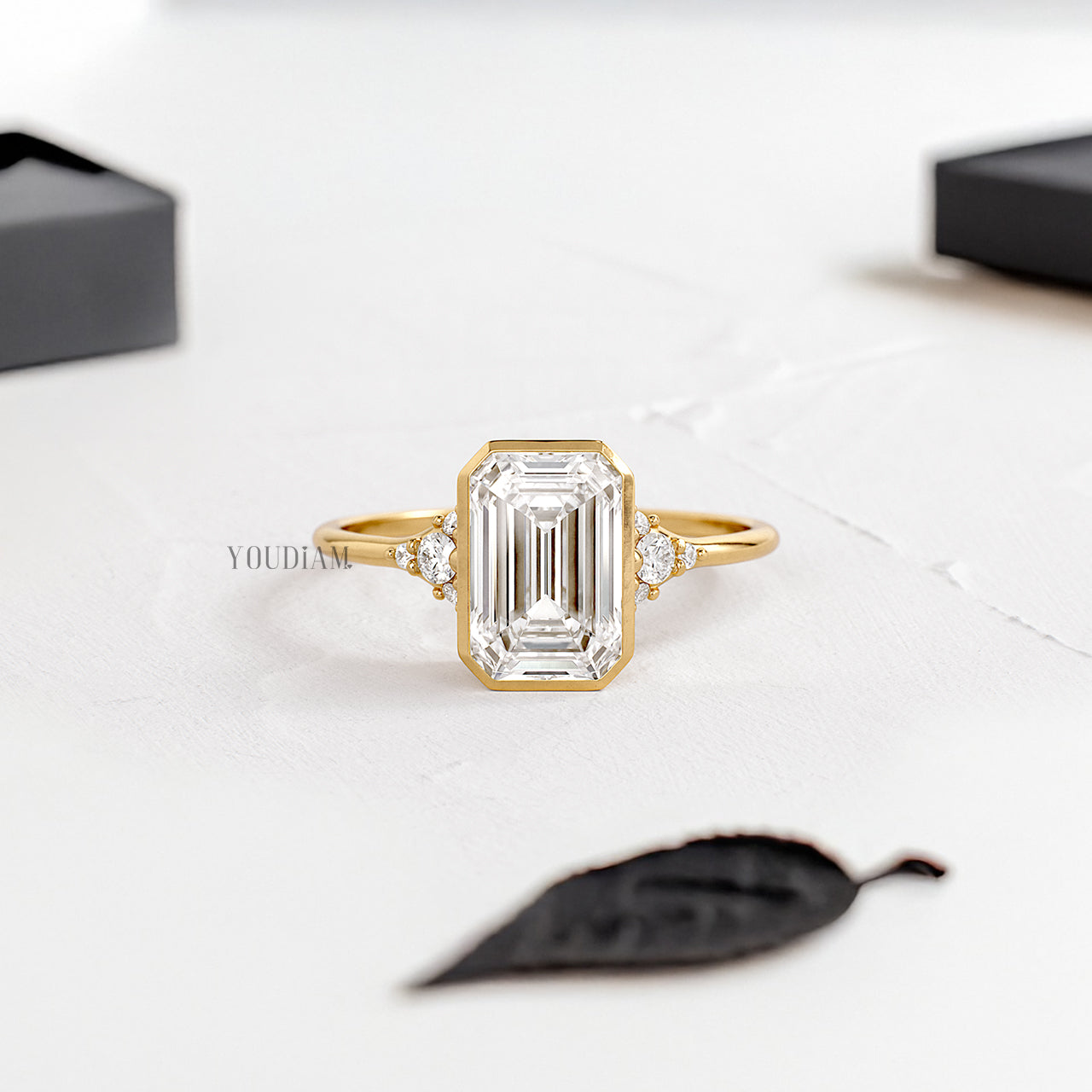 Emerald Lab Diamond in Bezel Setting with Accented Diamonds on Band Ring - YDJLR197