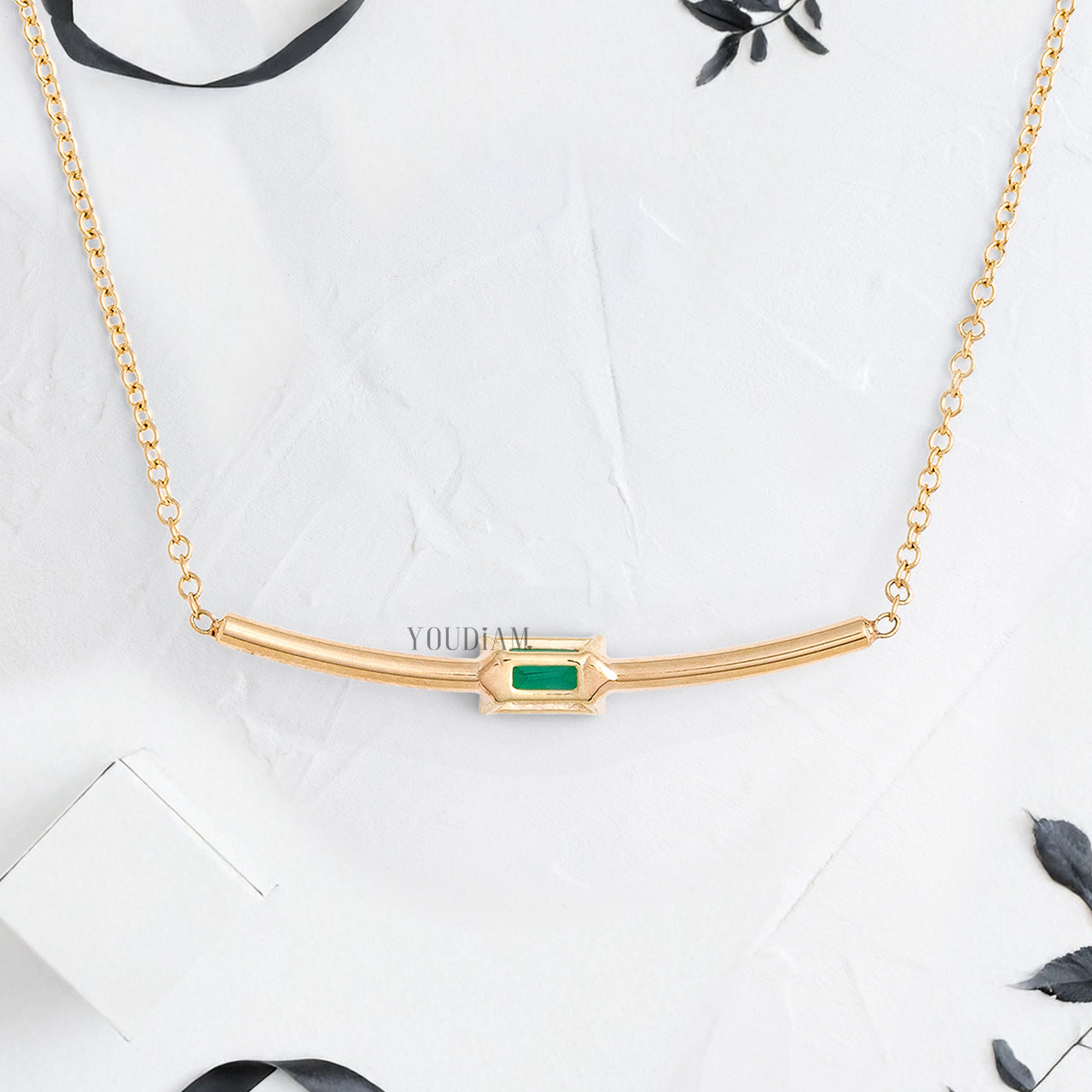 Emerald with Curve Pave Lab Diamonds Bar Pendant and Anchor Chain - YDJLP59