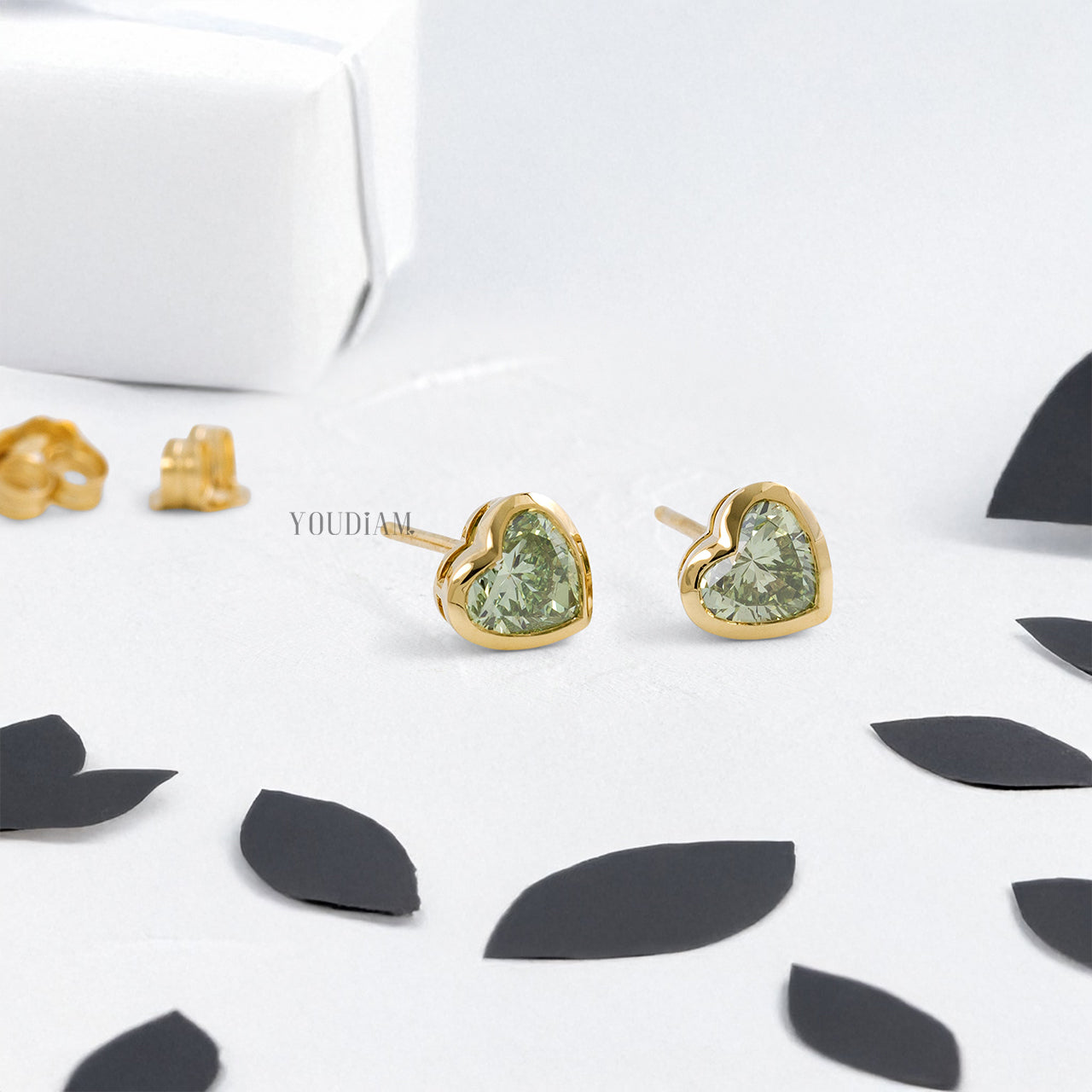 Green Heart Cut Lab Diamonds Stud Earrings in Bezel Setting - YDJLE51