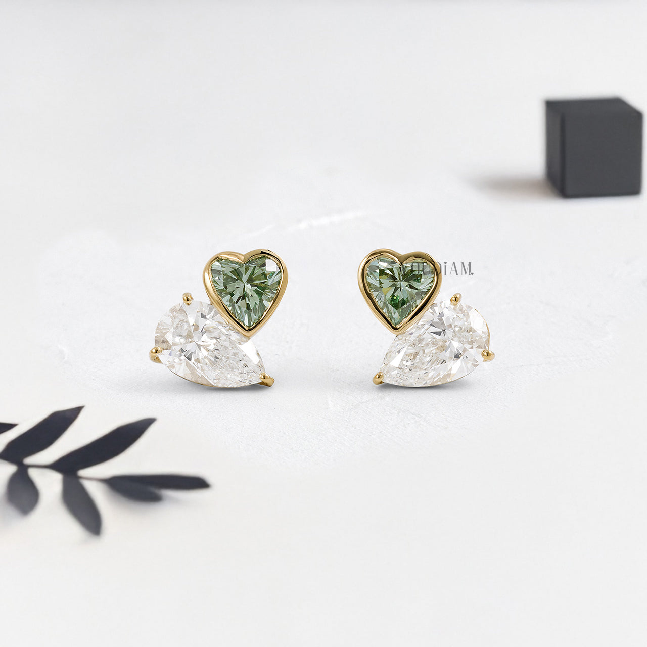 Green Heart and White Pear Lab Diamond Studs in Overlap Style - YDJLE54