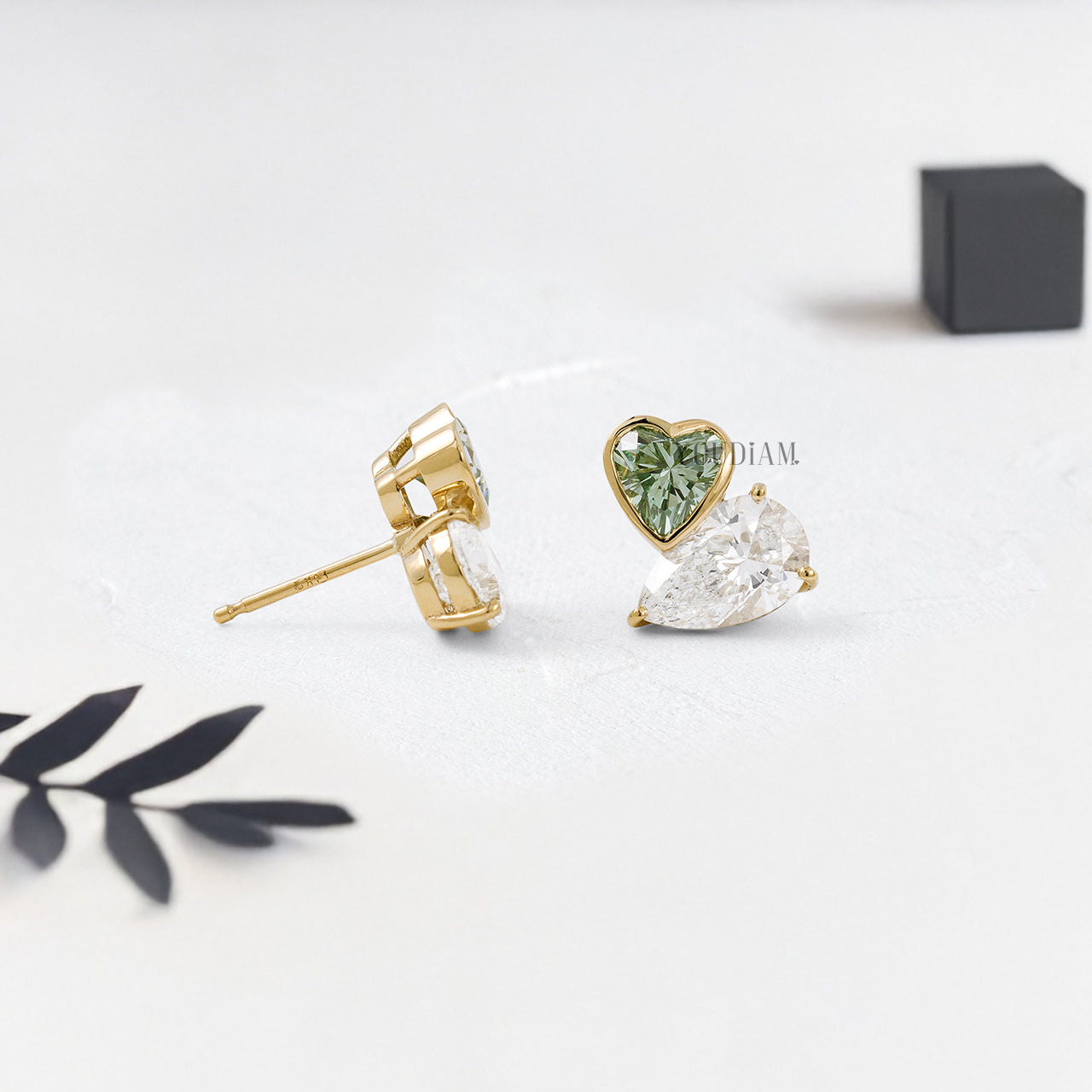 Green Heart and White Pear Lab Diamond Studs in Overlap Style - YDJLE54